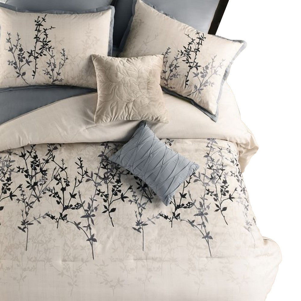 Benjara Yedy 8pc Queen Size Comforter Set, Blue And Cream Floral Embroidery