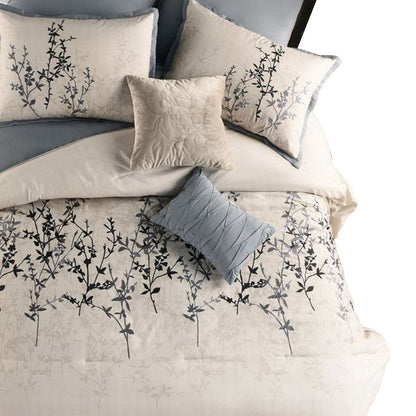 Benjara Yedy 8pc Queen Size Comforter Set, Blue And Cream Floral Embroidery