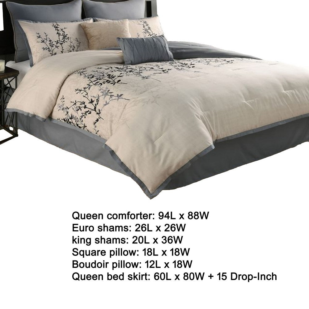 Benjara Yedy 8pc Queen Size Comforter Set, Blue And Cream Floral Embroidery