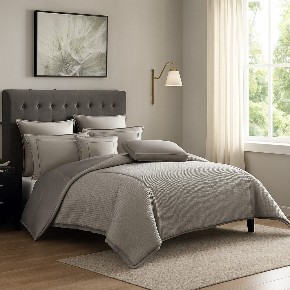 Benjara Loi 8pc King Comforter Set with Pillows, Shams, Reversible Gray Silver