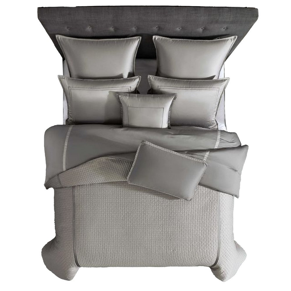 Benjara Loi 7pc Queen Comforter Set with Pillows, Shams Reversible Gray Silver