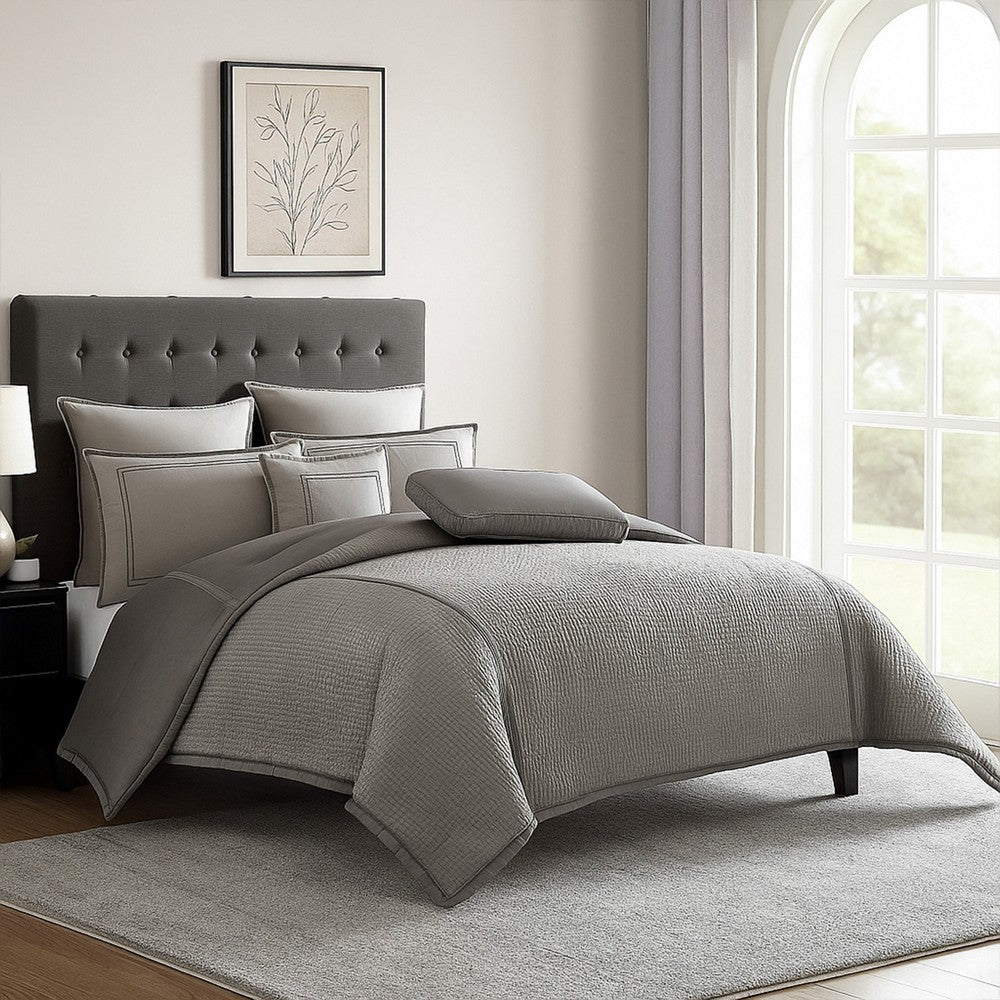 Benjara Loi 7pc Queen Comforter Set with Pillows, Shams Reversible Gray Silver
