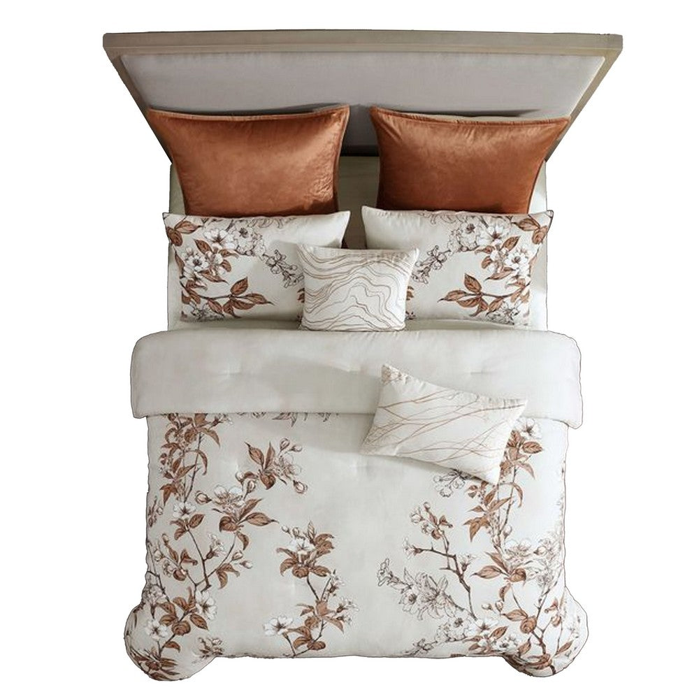 Benjara Jenya 5pc King Size Comforter Set, Spice Orange Floral Print, White