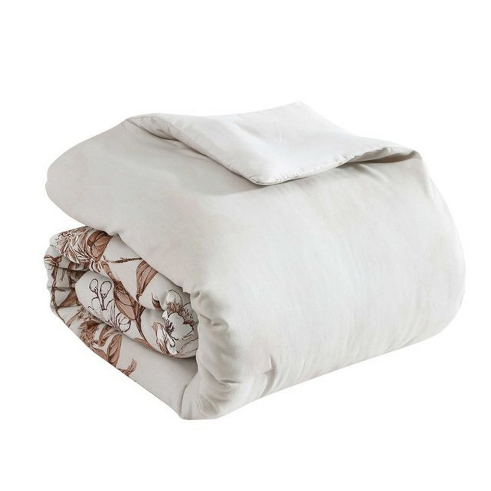 Benjara Jenya 5pc King Size Comforter Set, Spice Orange Floral Print, White