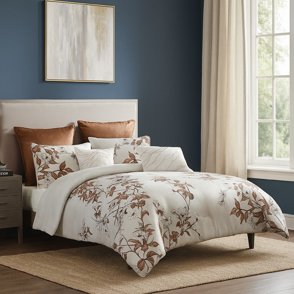 Benjara Jenya 5pc King Size Comforter Set, Spice Orange Floral Print, White