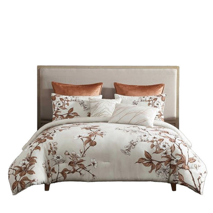 Benjara Jenya 5pc Queen Size Comforter Set with Shams, Floral Print White