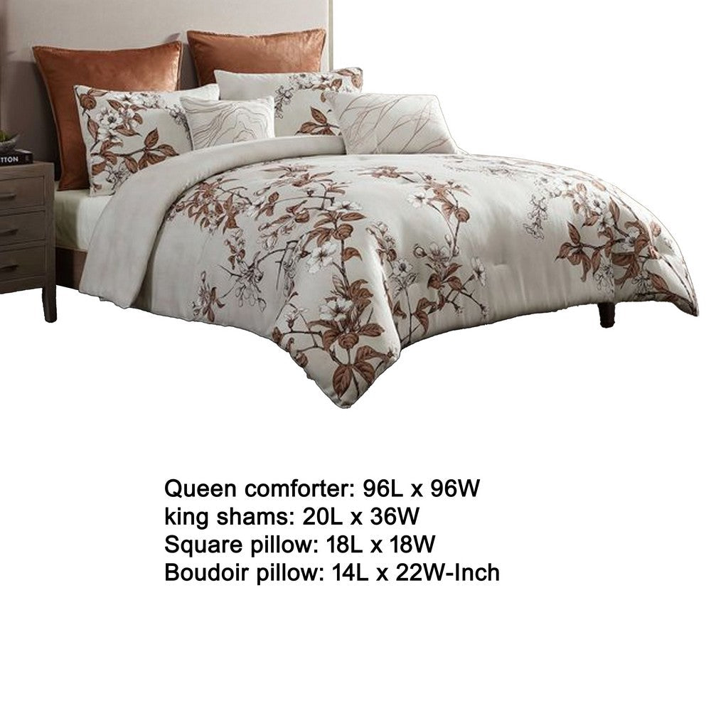 Benjara Jenya 5pc Queen Size Comforter Set with Shams, Floral Print White