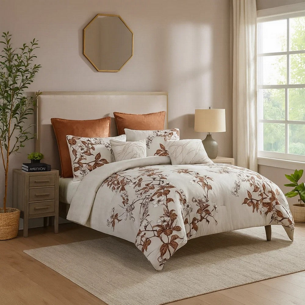 Benjara Jenya 5pc Queen Size Comforter Set with Shams, Floral Print White