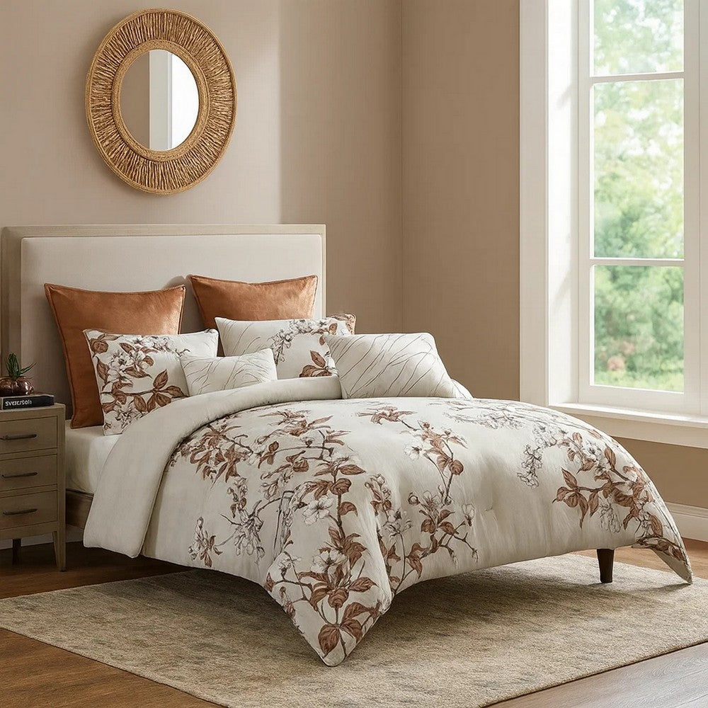 Benjara Jenya 5pc Queen Size Comforter Set with Shams, Floral Print White