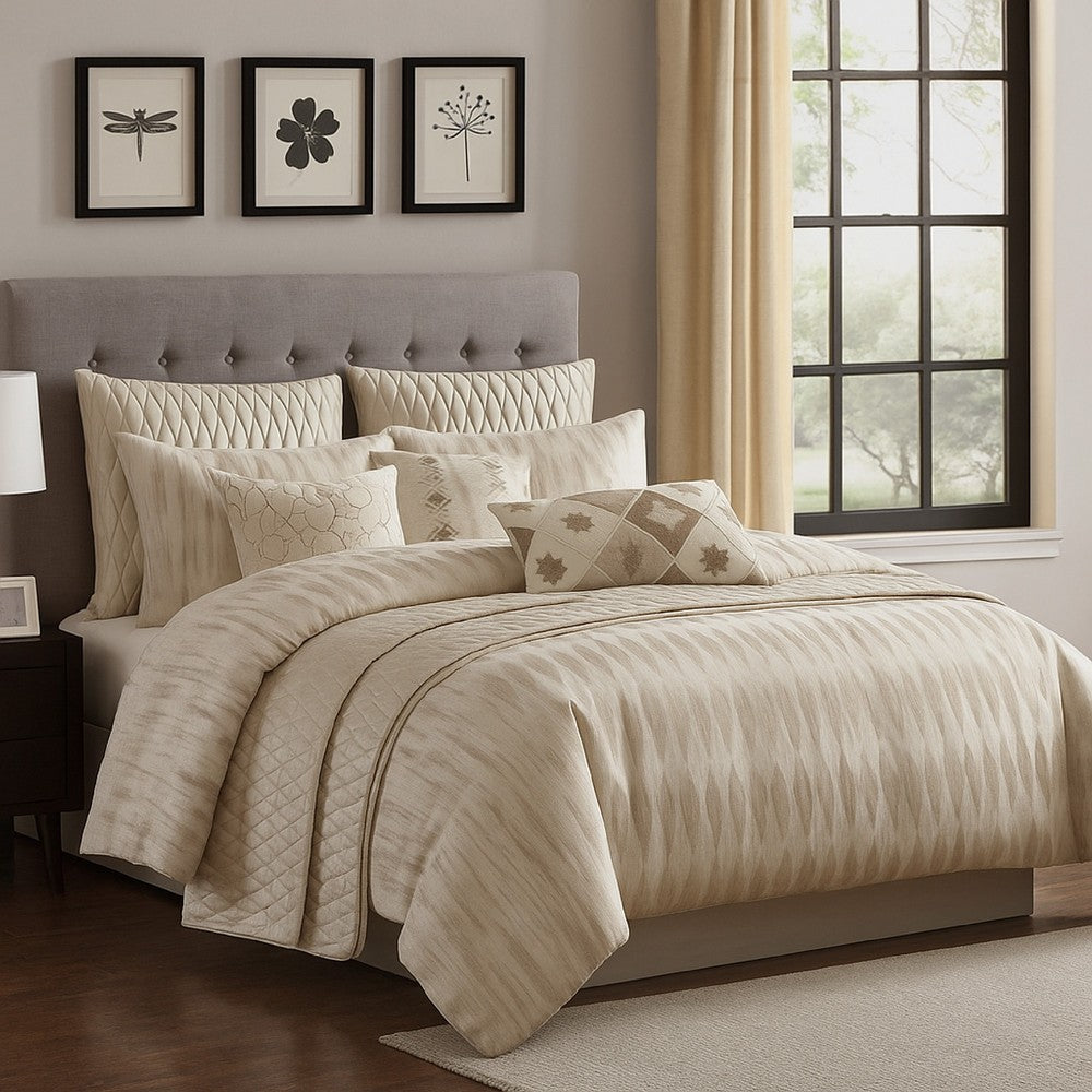 Benjara Rely 10pc Coverlet Queen Size Comforter Set, Woven Jacquard, Ivory