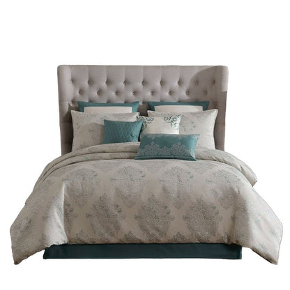 Benjara Regy 10pc King Size Comforter Set with Shams, Blue Gray Medallion