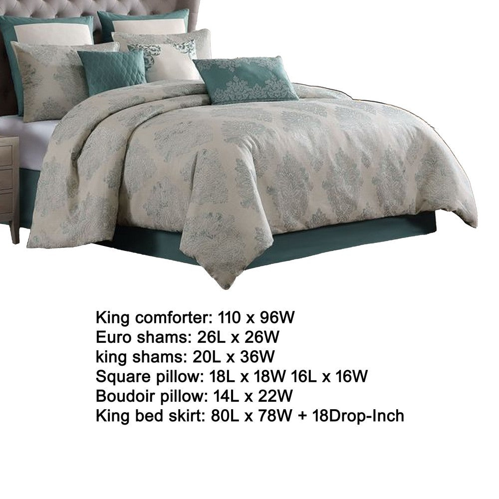 Benjara Regy 10pc King Size Comforter Set with Shams, Blue Gray Medallion