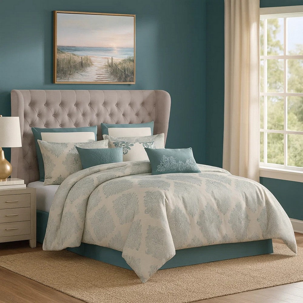 Benjara Regy 10pc King Size Comforter Set with Shams, Blue Gray Medallion