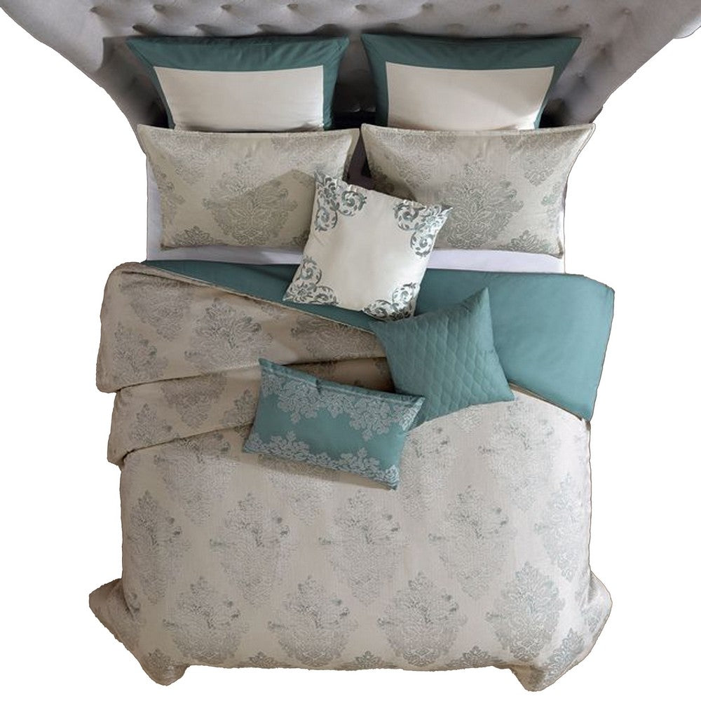 Benjara Regy 10pc Queen Size Comforter Set with Shams, Blue Gray Medallion