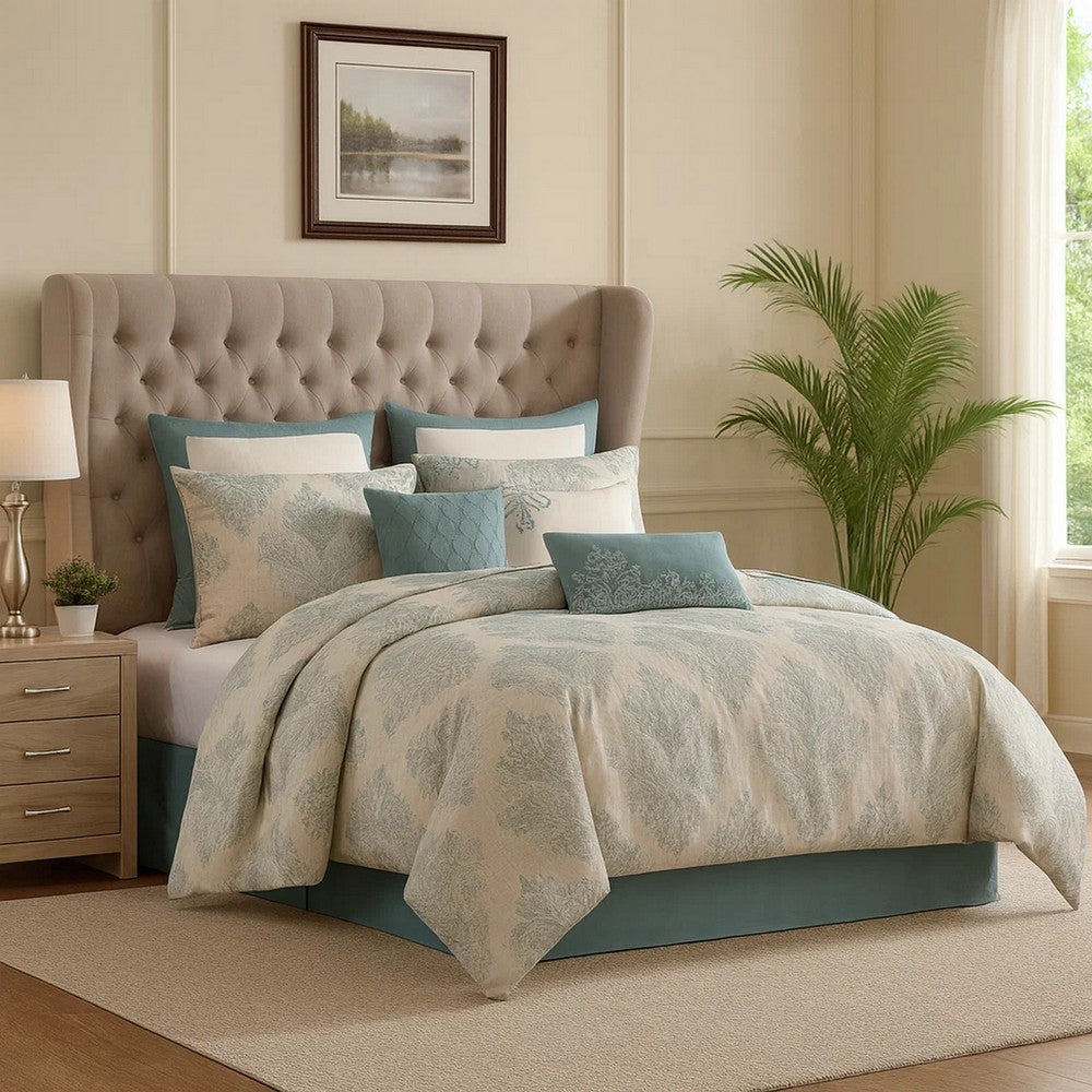 Benjara Regy 10pc Queen Size Comforter Set with Shams, Blue Gray Medallion