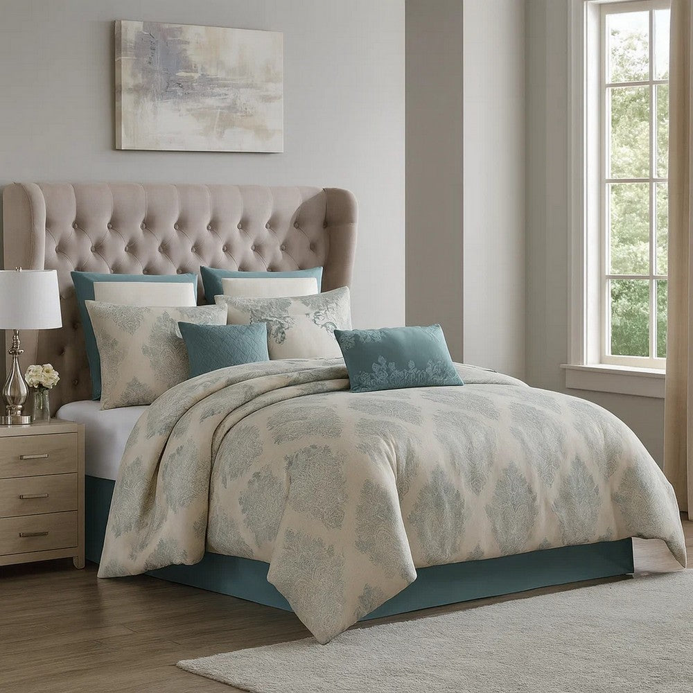 Benjara Regy 10pc Queen Size Comforter Set with Shams, Blue Gray Medallion