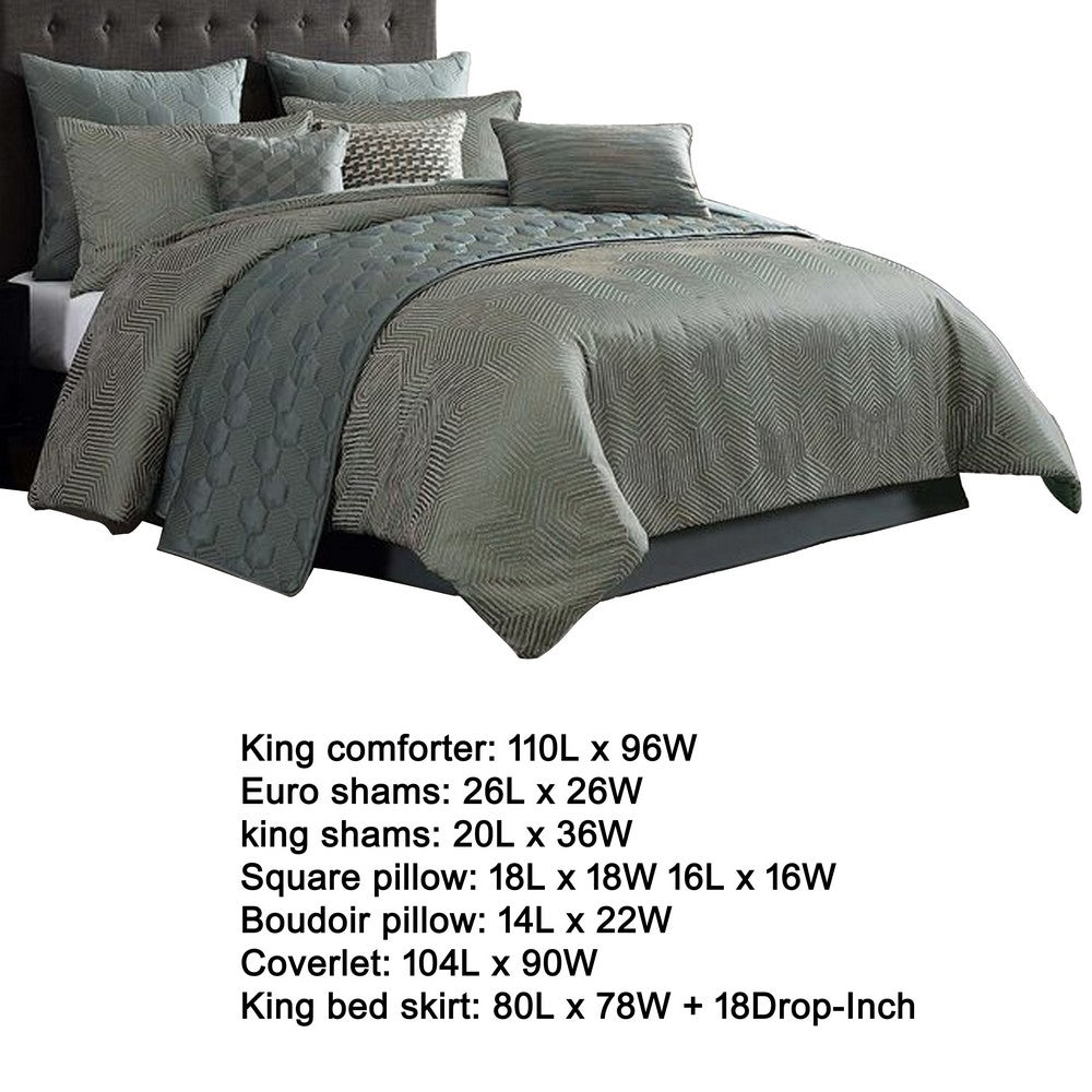 Benjara Mely 10pc Coverlet King Comforter Set, Shams, Green Woven Jacquard