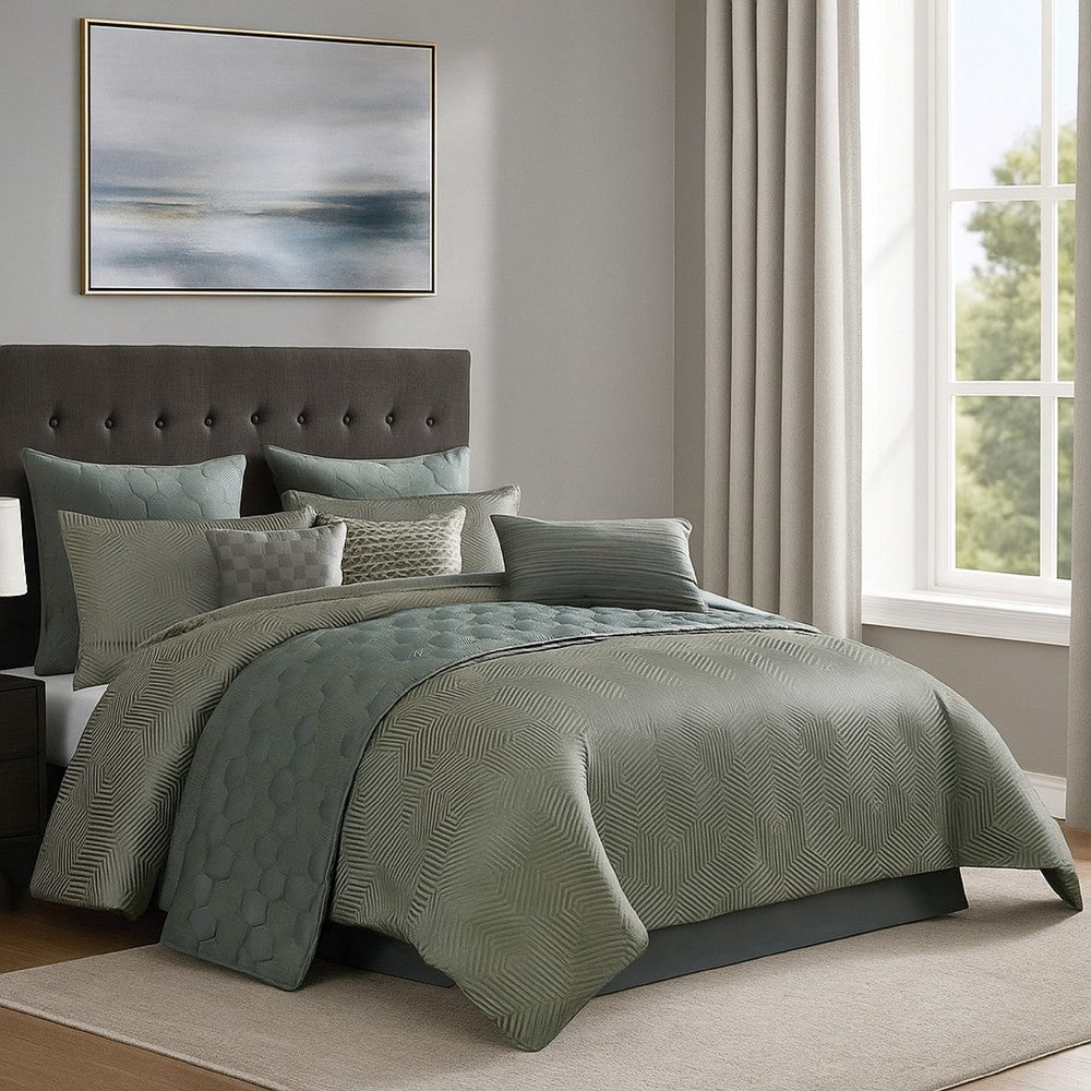 Benjara Mely 10pc Coverlet King Comforter Set, Shams, Green Woven Jacquard