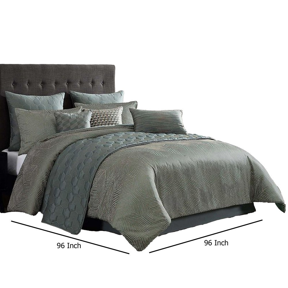 Benjara Mely 10pc Coverlet Queen Comforter Set, Shams, Green Woven Jacquard