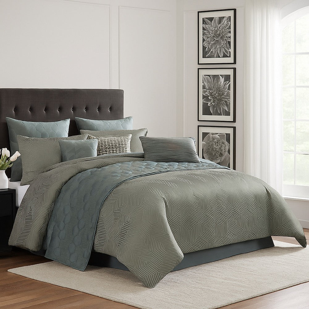 Benjara Mely 10pc Coverlet Queen Comforter Set, Shams, Green Woven Jacquard