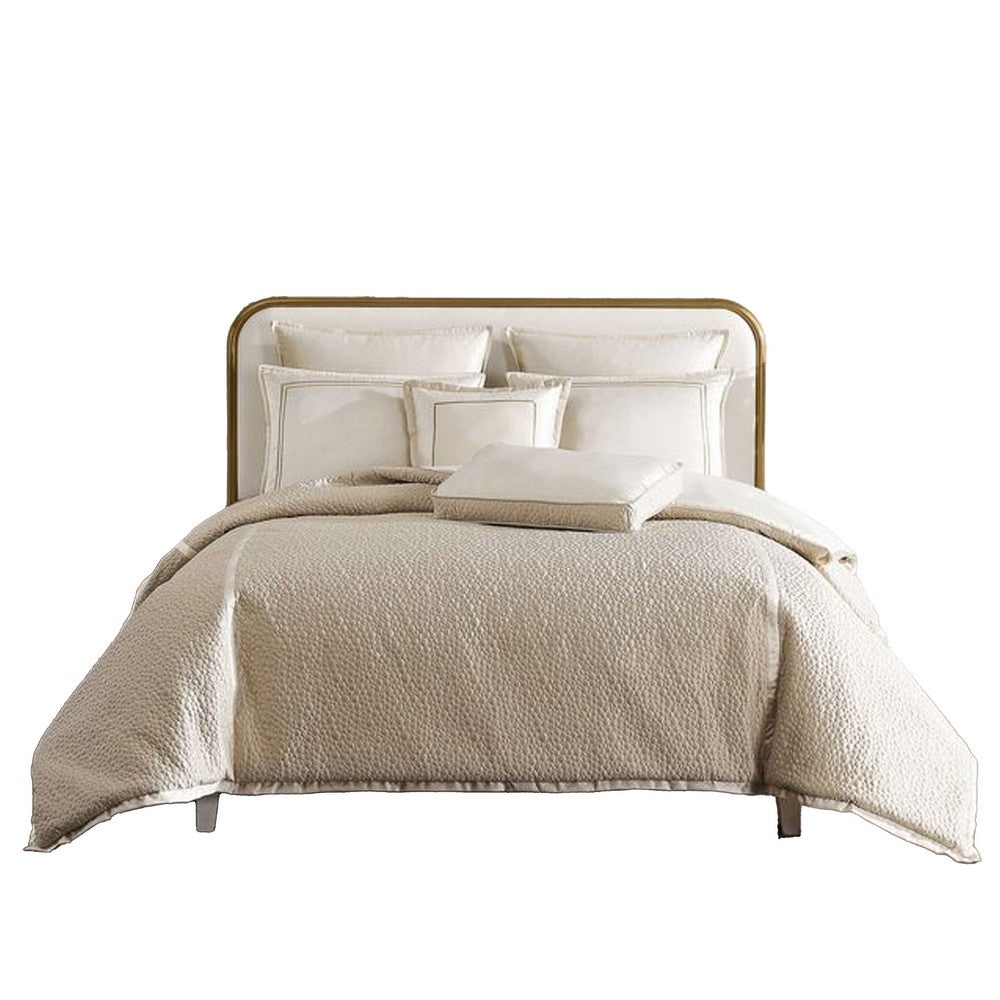 Benjara Dely 7pc Satin Queen Size Comforter Set with Shams, Reversible Gold