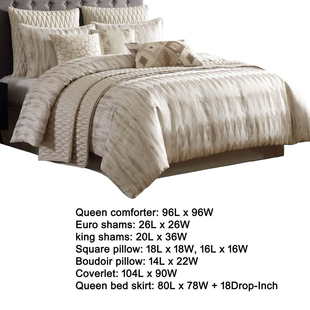 Benjara Dely 7pc Satin Queen Size Comforter Set with Shams, Reversible Gold