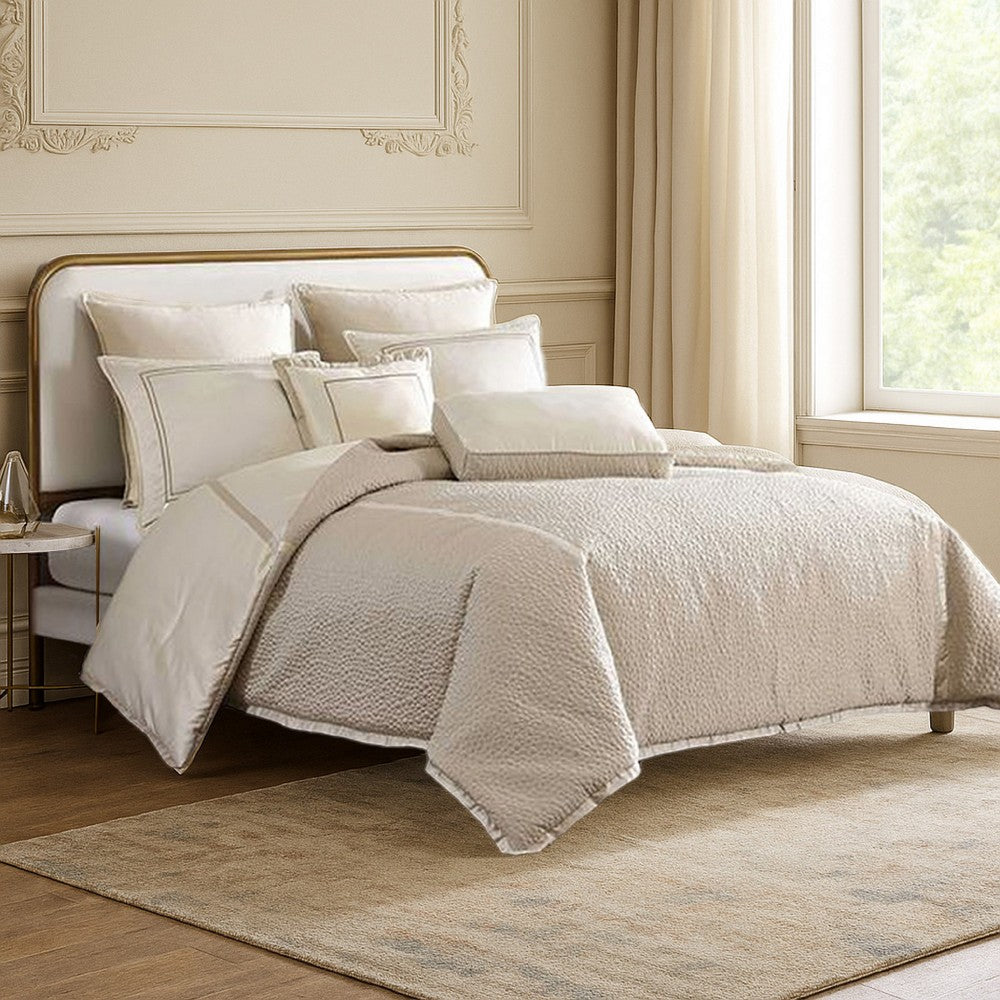 Benjara Dely 7pc Satin Queen Size Comforter Set with Shams, Reversible Gold