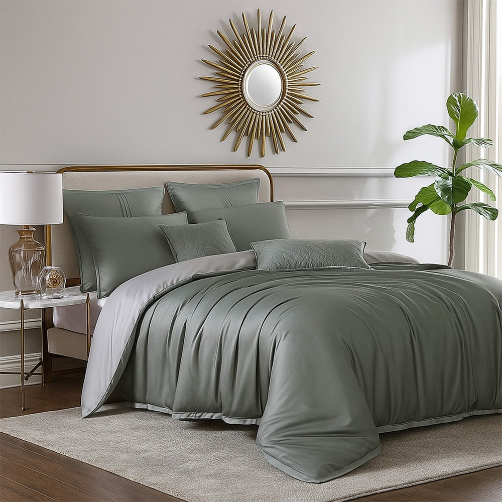 Benjara Keo 9pc King Comforter Set, Reversible, Soft Sage Gray Silky Fabric