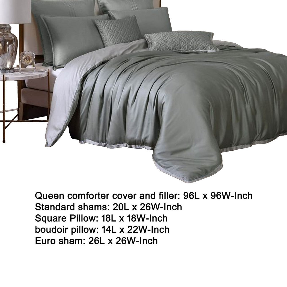 Benjara Keo 8pc Queen Comforter Set, Reversible, Shams, Sage Gray Silky Fabric