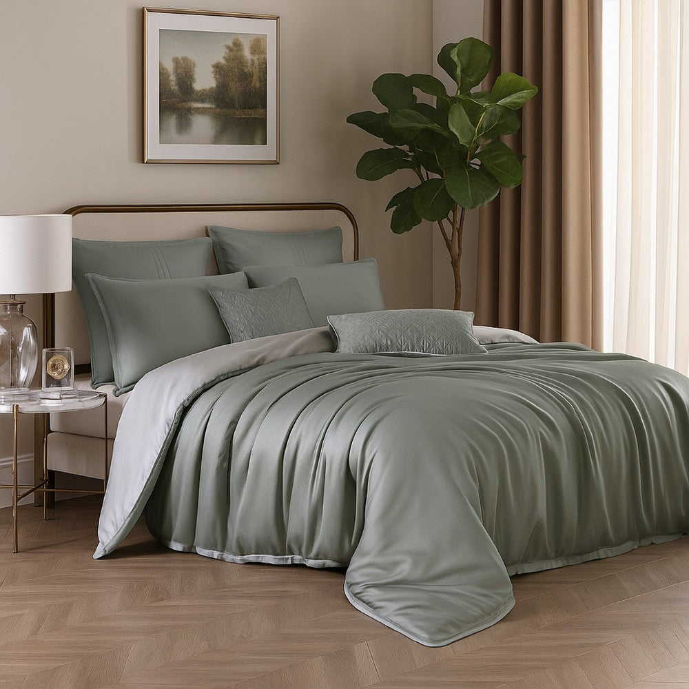 Benjara Keo 8pc Queen Comforter Set, Reversible, Shams, Sage Gray Silky Fabric