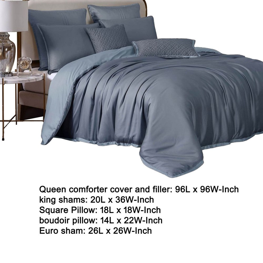 Benjara Keo 8pc Queen Comforter Set, Reversible, Shams Smoke Blue Silky Fabric