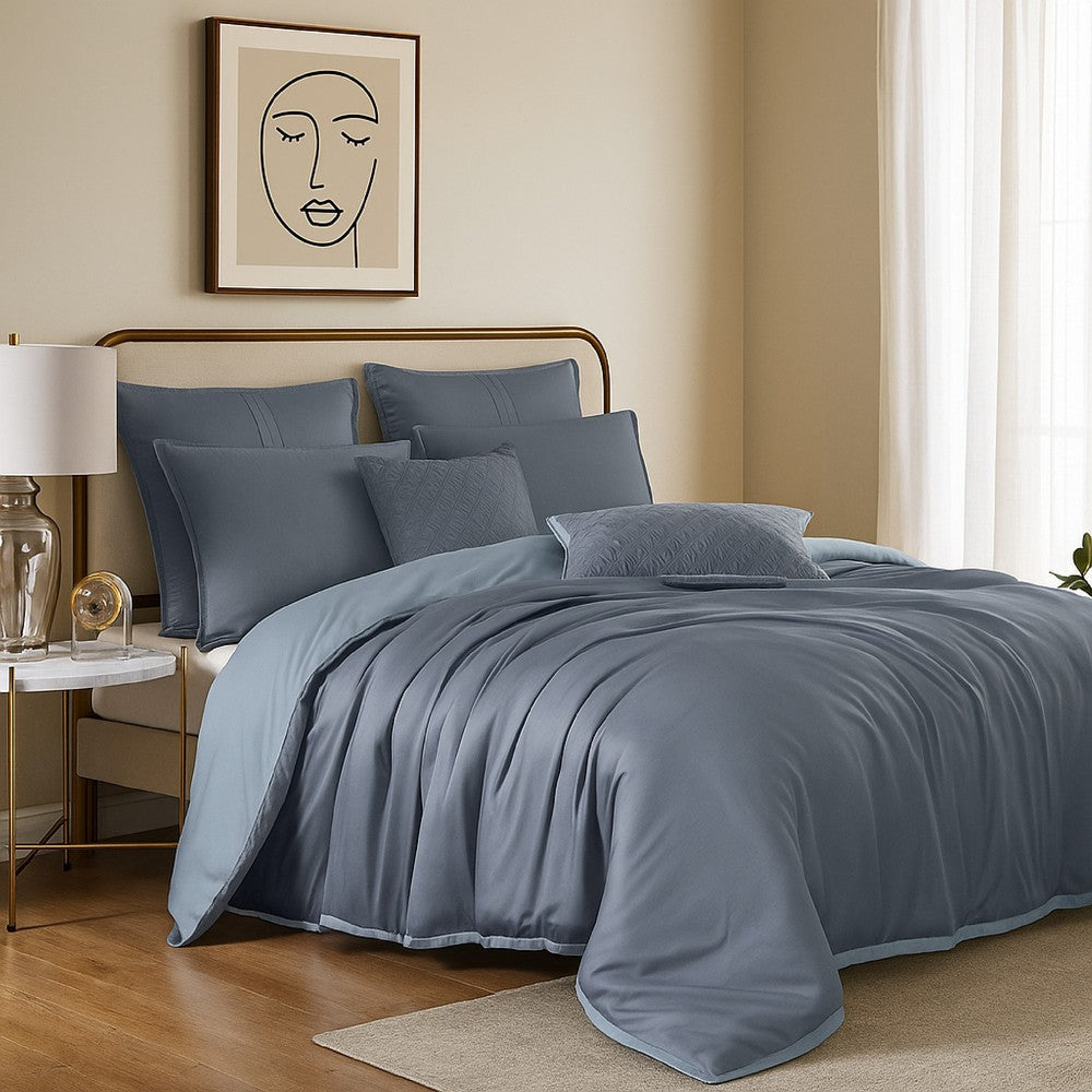 Benjara Keo 8pc Queen Comforter Set, Reversible, Shams Smoke Blue Silky Fabric