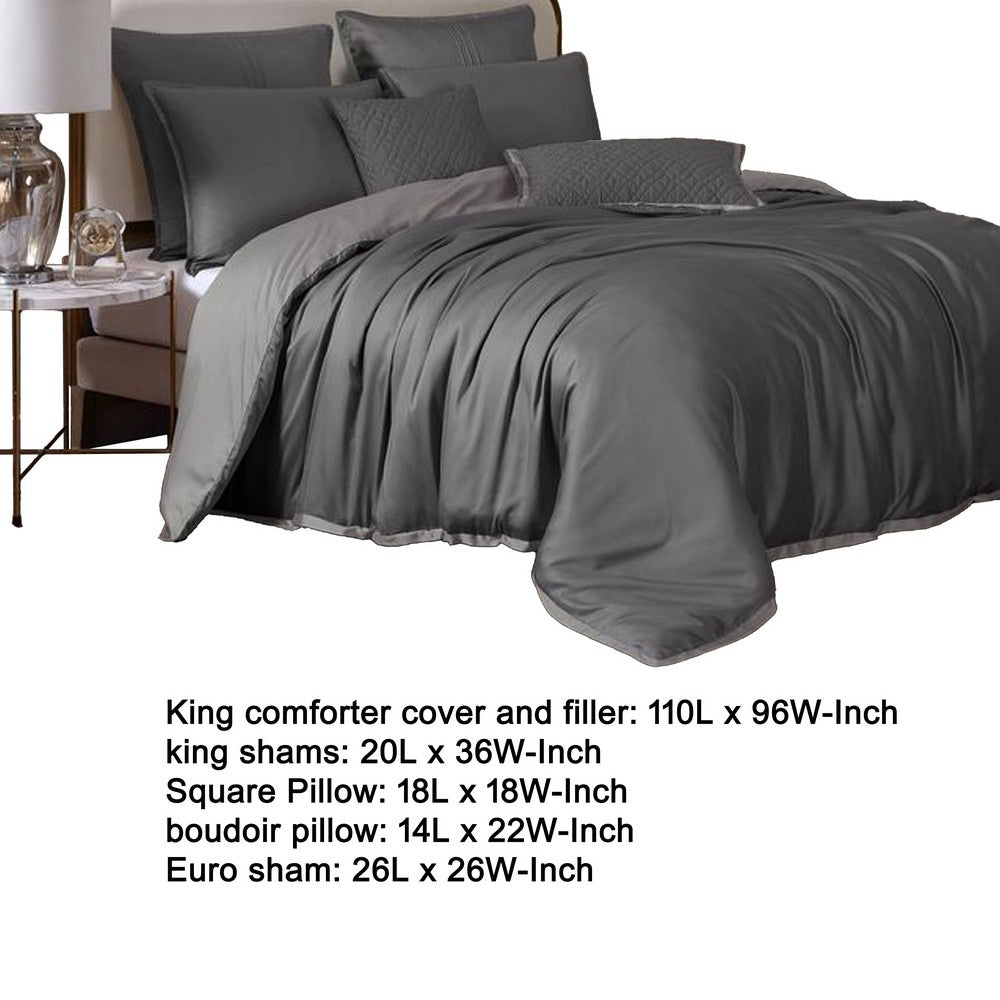 Benjara Keo 9pc King Comforter Set, Reversible, Shams, Dark Gray Silky Fabric