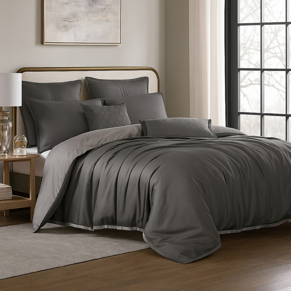 Benjara Keo 9pc King Comforter Set, Reversible, Shams, Dark Gray Silky Fabric