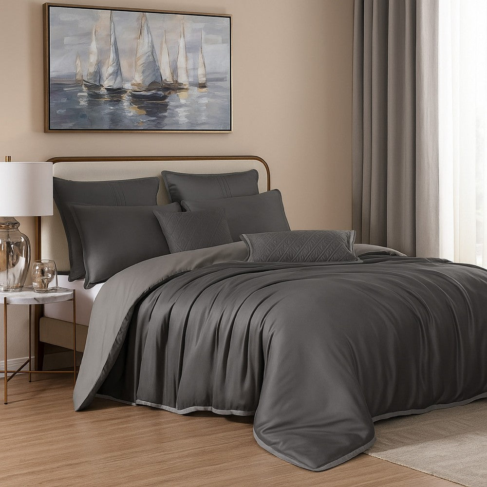 Benjara Keo 8pc Queen Comforter Set, Reversible, Shams, Dark Gray Silky Fabric