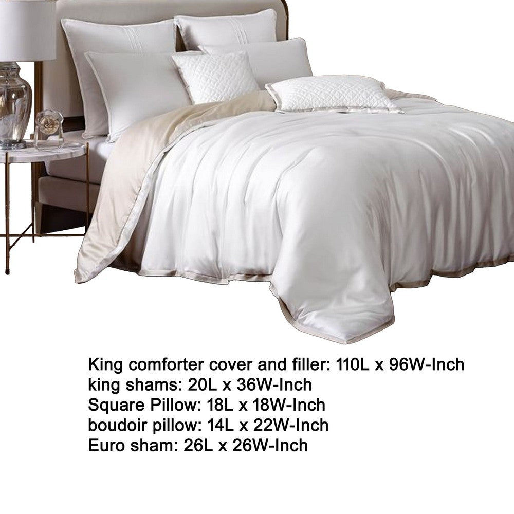 Benjara Keo 9pc King Comforter Set, Reversible, Shams, Ivory Silky Fabric