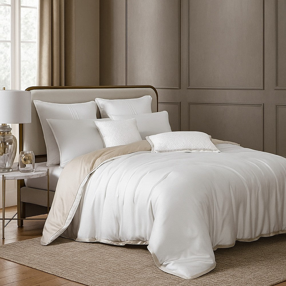 Benjara Keo 9pc King Comforter Set, Reversible, Shams, Ivory Silky Fabric