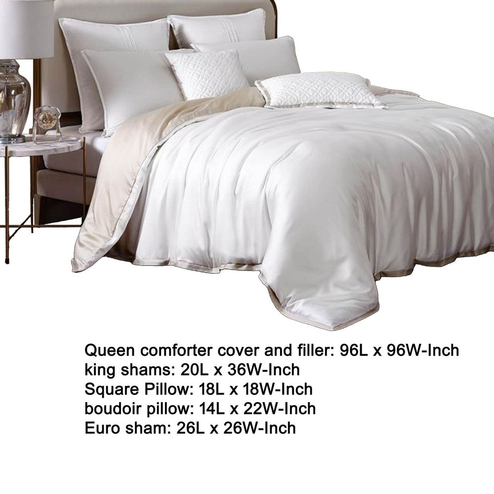 Benjara Keo 8pc Queen Comforter Set, Reversible, Shams, Ivory Silky Fabric