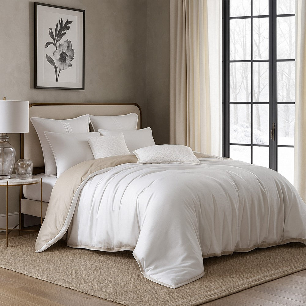 Benjara Keo 8pc Queen Comforter Set, Reversible, Shams, Ivory Silky Fabric