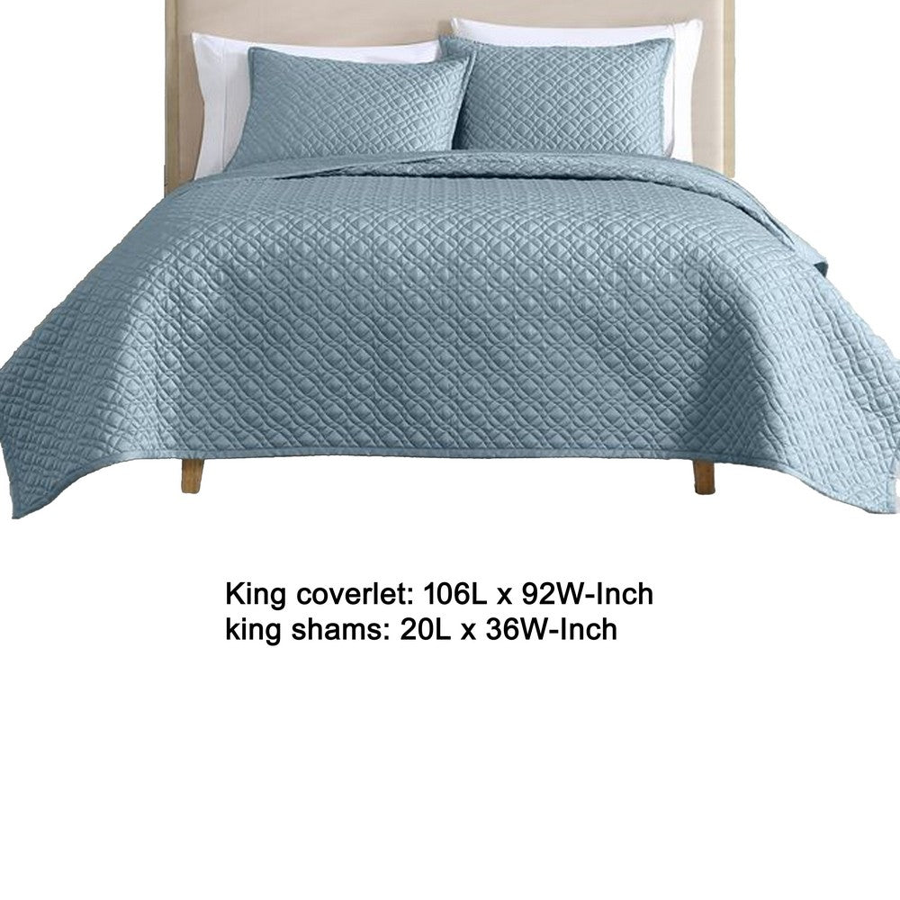 Benjara Keo 3pc King Coverlet Set, Reversible, Shams Sky Blue Silky Fabric