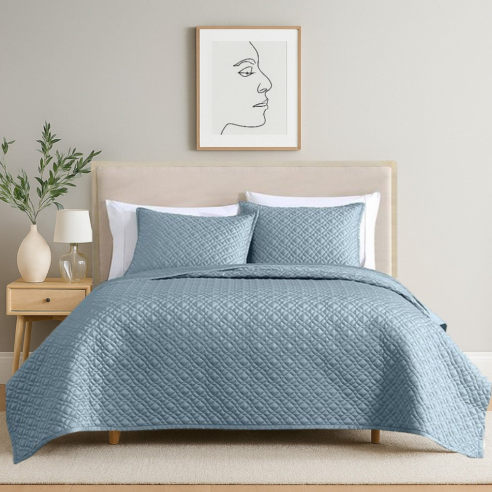 Benjara Keo 3pc King Coverlet Set, Reversible, Shams Sky Blue Silky Fabric