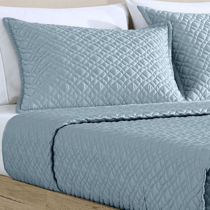 Benjara Keo 3pc Queen Coverlet Set, Reversible, Shams, Sky Blue Silky Fabric