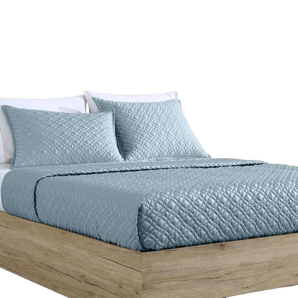 Benjara Keo 3pc Queen Coverlet Set, Reversible, Shams, Sky Blue Silky Fabric