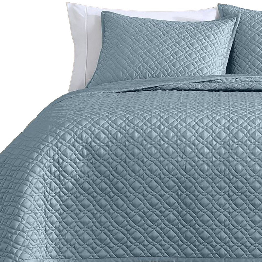 Benjara Keo 3pc Queen Coverlet Set, Reversible, Shams, Sky Blue Silky Fabric
