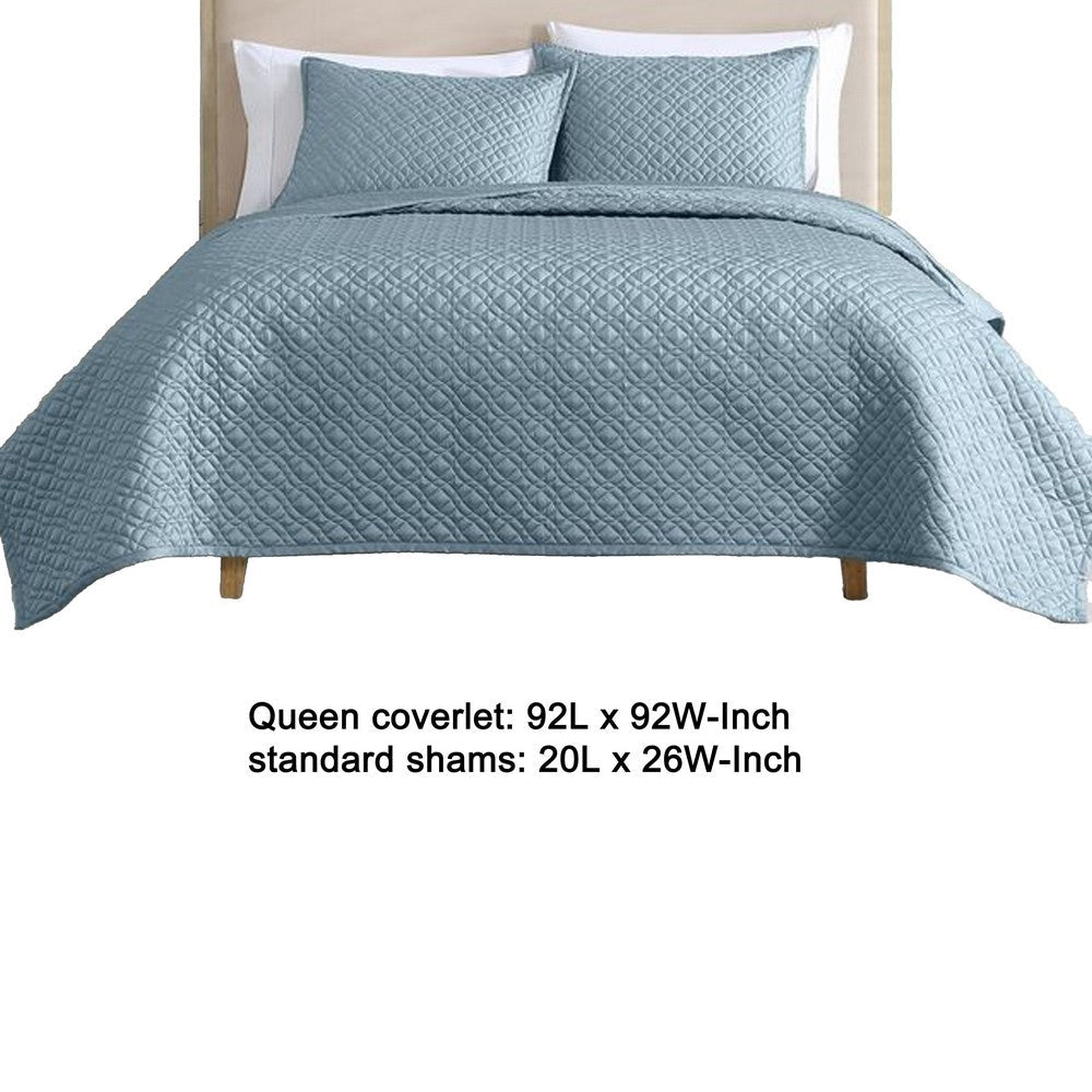 Benjara Keo 3pc Queen Coverlet Set, Reversible, Shams, Sky Blue Silky Fabric