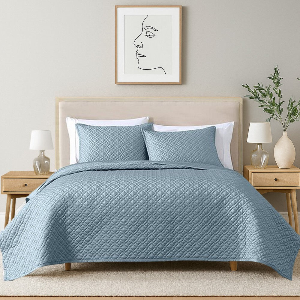 Benjara Keo 3pc Queen Coverlet Set, Reversible, Shams, Sky Blue Silky Fabric