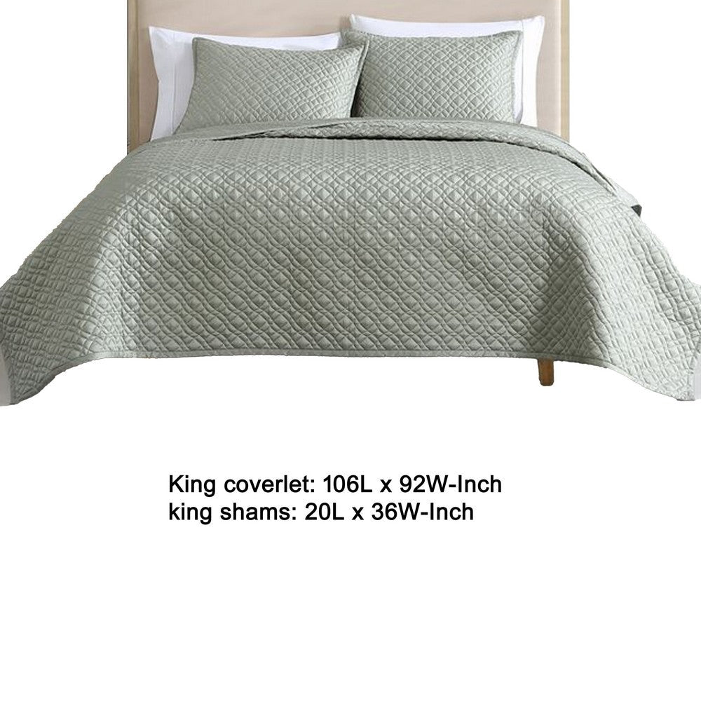 Benjara Keo 3pc King Coverlet Set, Reversible, Shams, Sage Gray Silky Fabric