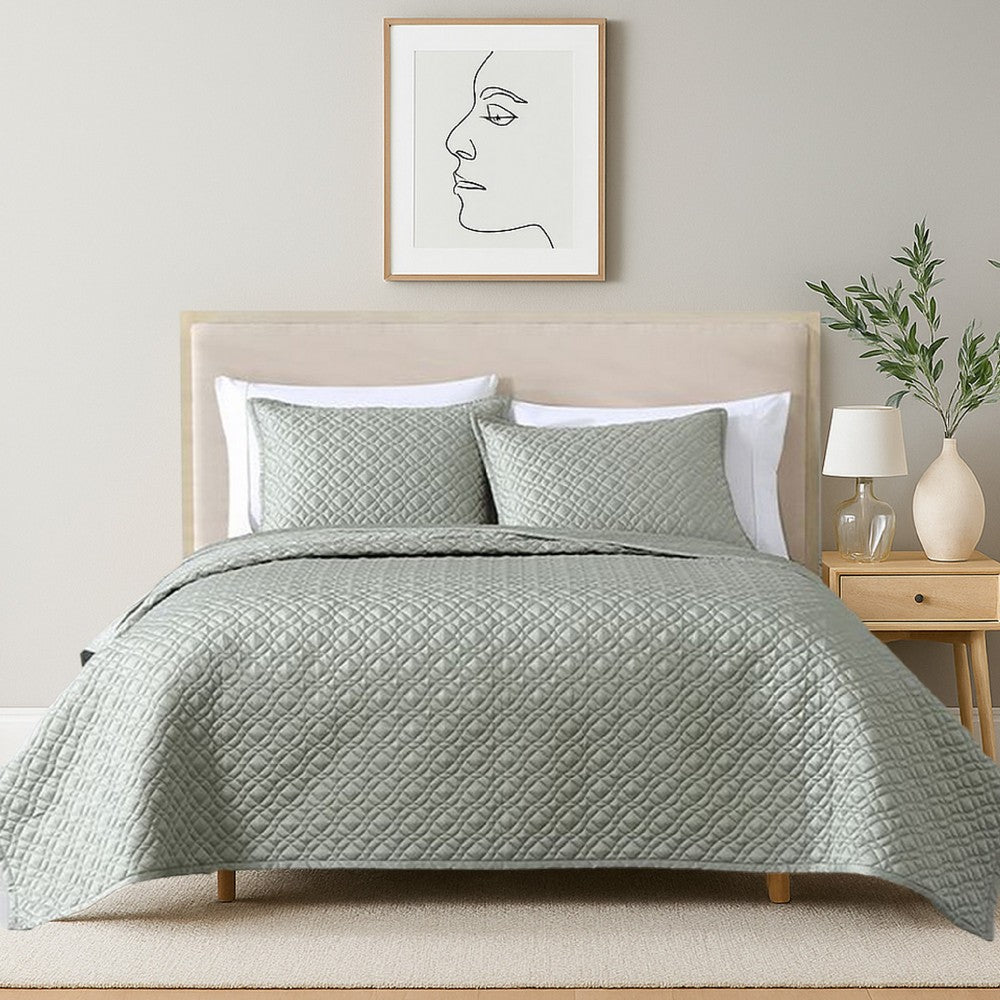 Benjara Keo 3pc King Coverlet Set, Reversible, Shams, Sage Gray Silky Fabric