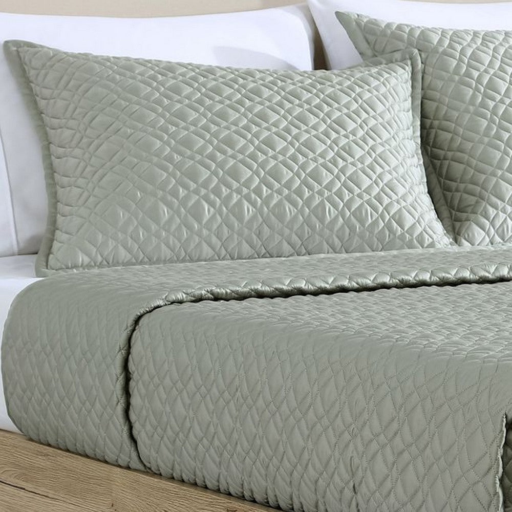 Benjara Keo 3pc Queen Coverlet Set, Reversible, Shams, Sage Gray Silky Fabric