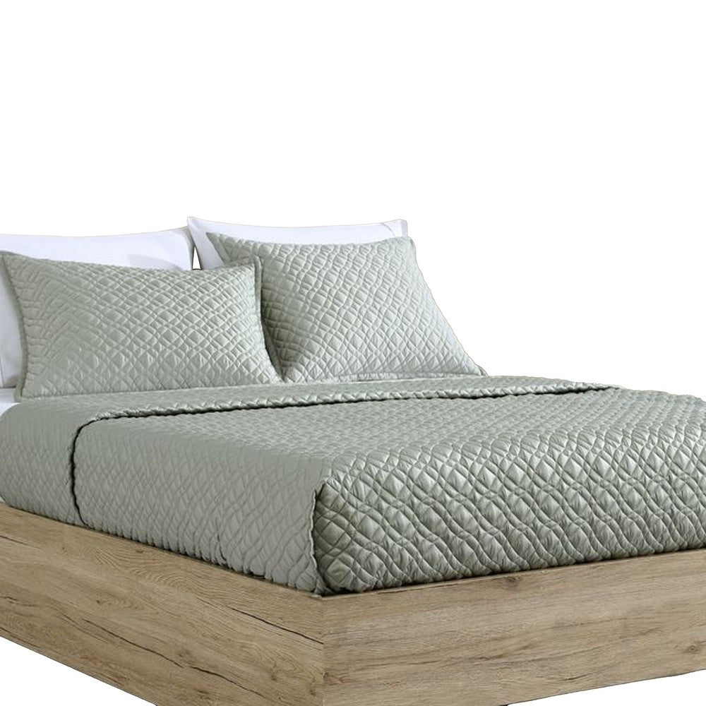 Benjara Keo 3pc Queen Coverlet Set, Reversible, Shams, Sage Gray Silky Fabric